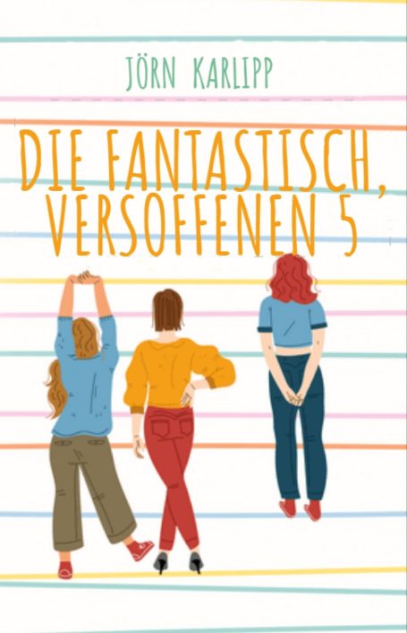Drei Frauen stehen nebeneinander, mit unterschiedlichem Blick und Kleidung, auf buntem Hintergrund.